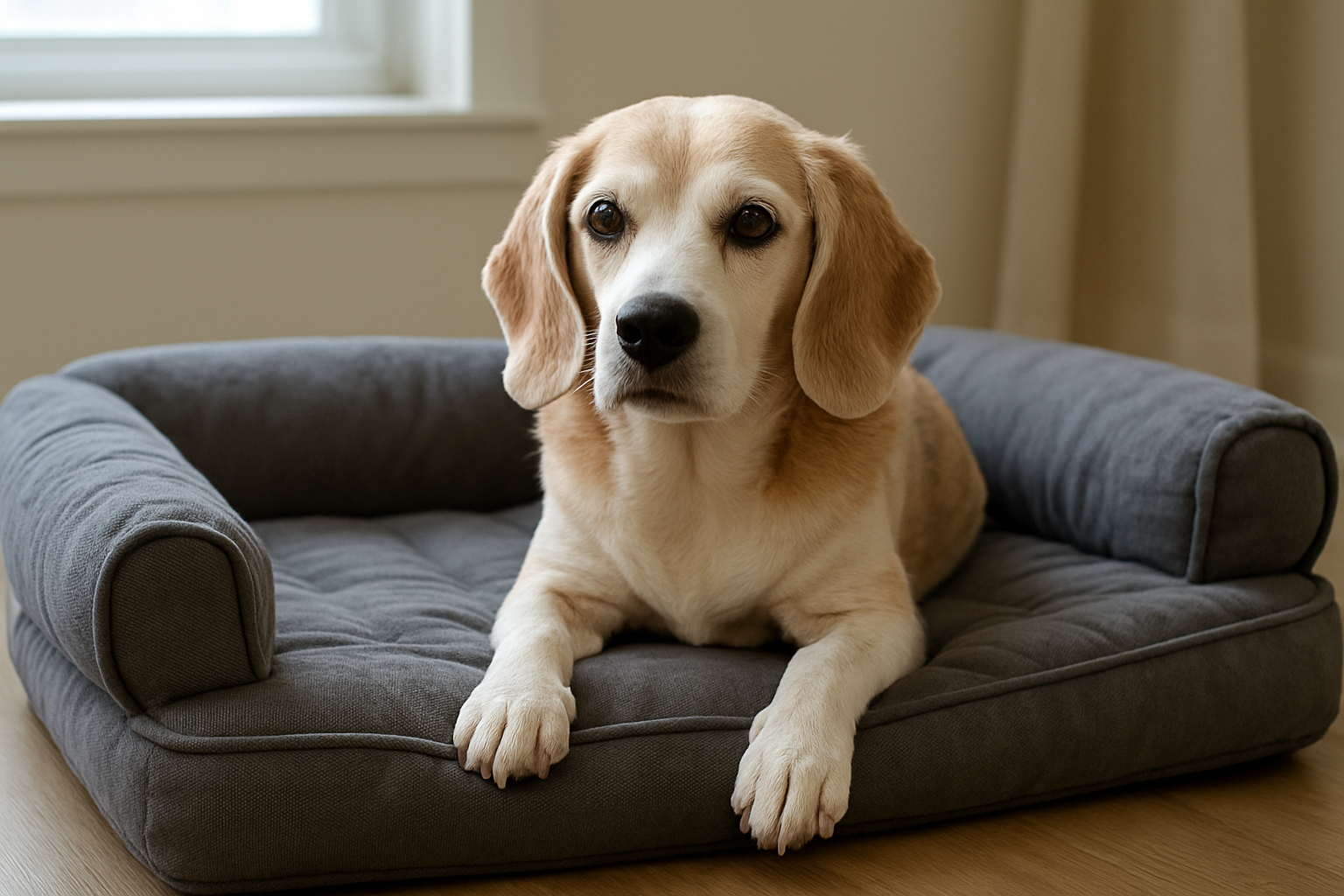 Aupet idoso deitado em cama sênior confortável